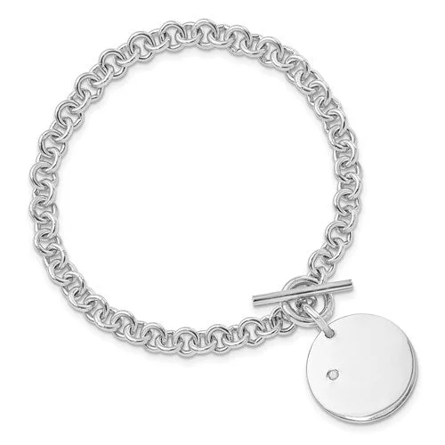 personalized leather bracelet for couples with initials-Sterling Silver .03ct Diamond Engravable Disc with Toggle Closure Bracelet