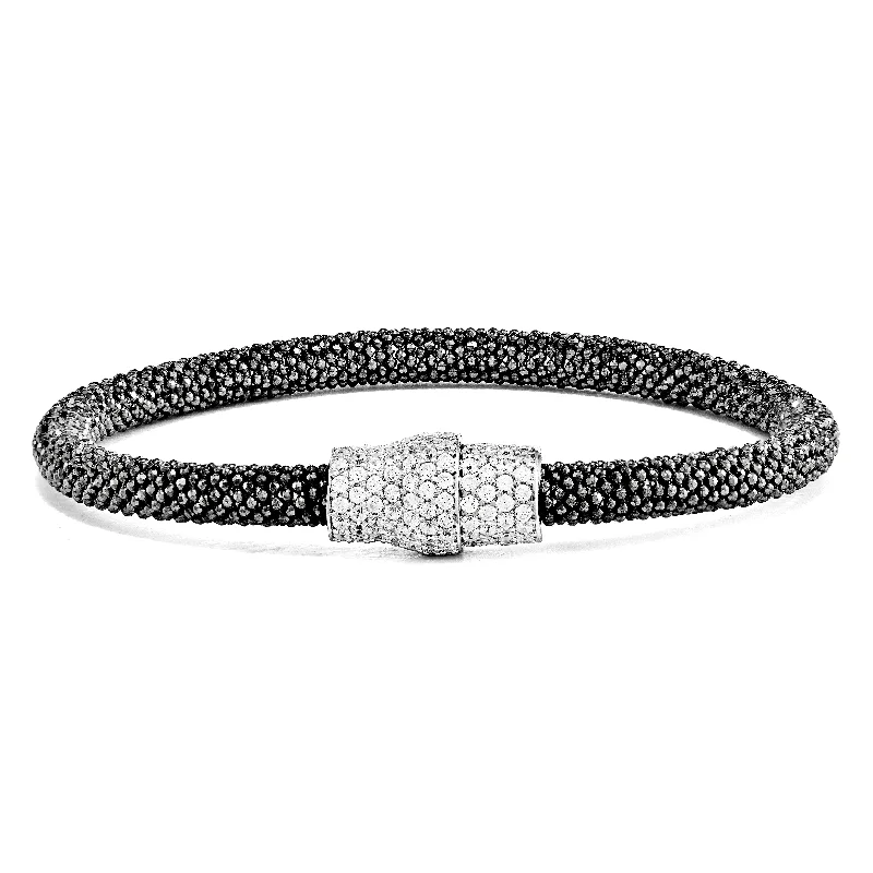 custom silver bracelet for meaningful gift with special engraving-Sterling Silver Black Rhodium Mesh 7.25 Magnetic Clasp Bracelet