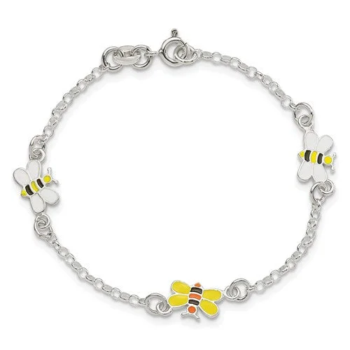 custom bracelet with heart charm for love and friendship-Sterling Silver Children's Enameled Bee Bracelet