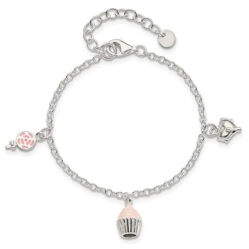 custom bracelet with charm for creative expression-Sterling Silver Children's  Lollipop, Cupcake & Heart Bracelet