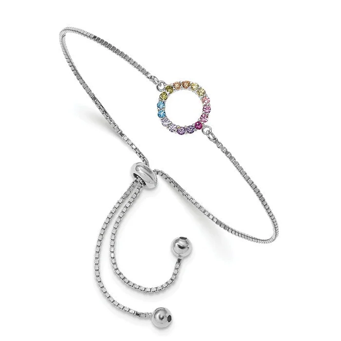 luxury bracelet with custom engraving for birthday gift-Sterling Silver Colorful Rainbow CZ Open Circle Adjustable Bolo Bracelet