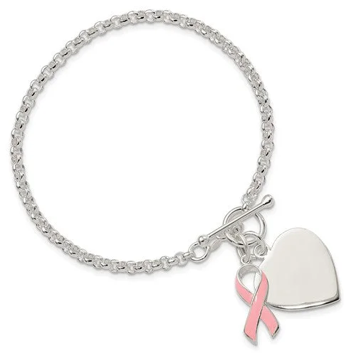 custom silver bracelet with initials for meaningful gift-Sterling Silver Engravable Heart and Pink Ribbon Charm Toggle Bracelet