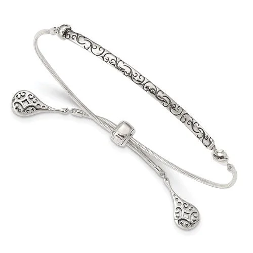 luxury silver bracelet with sapphire gemstones for special gift-Sterling Silver Filigree Drops Adjustable Bolo Bracelet