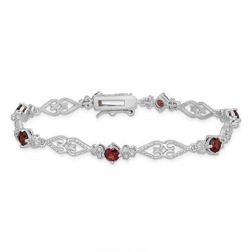 silver bracelet with gemstone beads for emotional healing-Sterling Silver Genuine Garnet and Diamond Filigree Hearts Bracelet