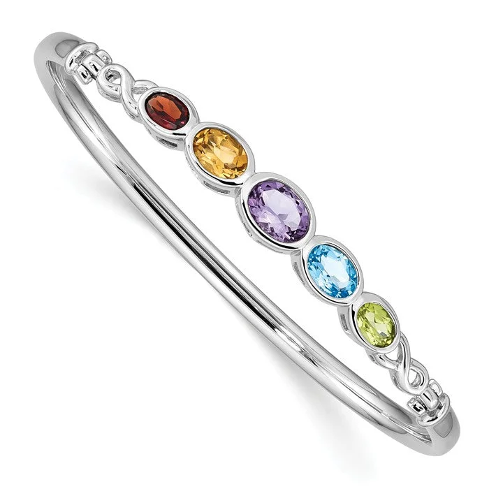 silver bracelet with engraved message for anniversary or birthday-Sterling Silver Peridot Blue Topaz Amethyst Citrine & Garnet Rainbow Bangle Bracelet