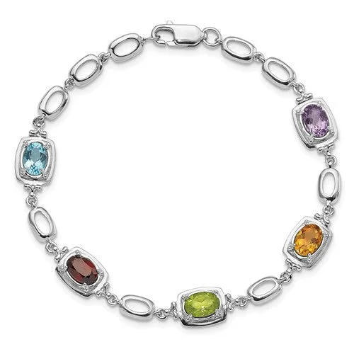 silver bracelet with engraved coordinates for cherished memory-Sterling Silver Multi Rainbow Genuine Gemstone Link Bracelet