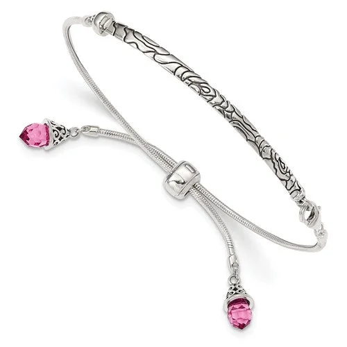 custom bracelet with engraved message for anniversary gift-Sterling Silver Pink Crystal Tassel Adjustable Bolo Bracelet