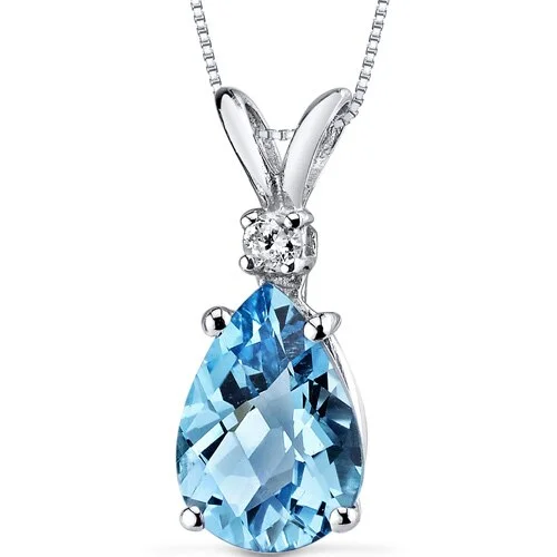 personalized star pendant necklace with name -Swiss Blue Topaz and Diamond Pendant Necklace 14K White Gold 2.26 Carats Pear Shape