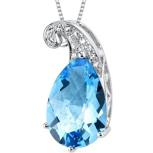 women’s adjustable pendant necklace gold -Swiss Blue Topaz and Diamond Pendant Necklace 14K White Gold 2.95 Carats Pear Shape