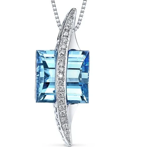 unique heart pendant necklace for women -Swiss Blue Topaz and Diamond Pendant Necklace 14K White Gold 7 Carats Square Emerald Cut