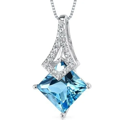 personalized pendant necklace with charm silver -Swiss Blue Topaz Pendant Necklace 14 Karat White Gold 2.09 Cts