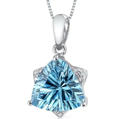 elegant silver pendant necklace with crystal -Swiss Blue Topaz and Diamond Pendant Necklace 14K White Gold 2.39 Carats Triangle Shape