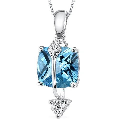 personalized bar pendant necklace with crystal -Swiss Blue Topaz and Diamond Pendant Necklace 14K White Gold 2.63 Carat Cushion Cut