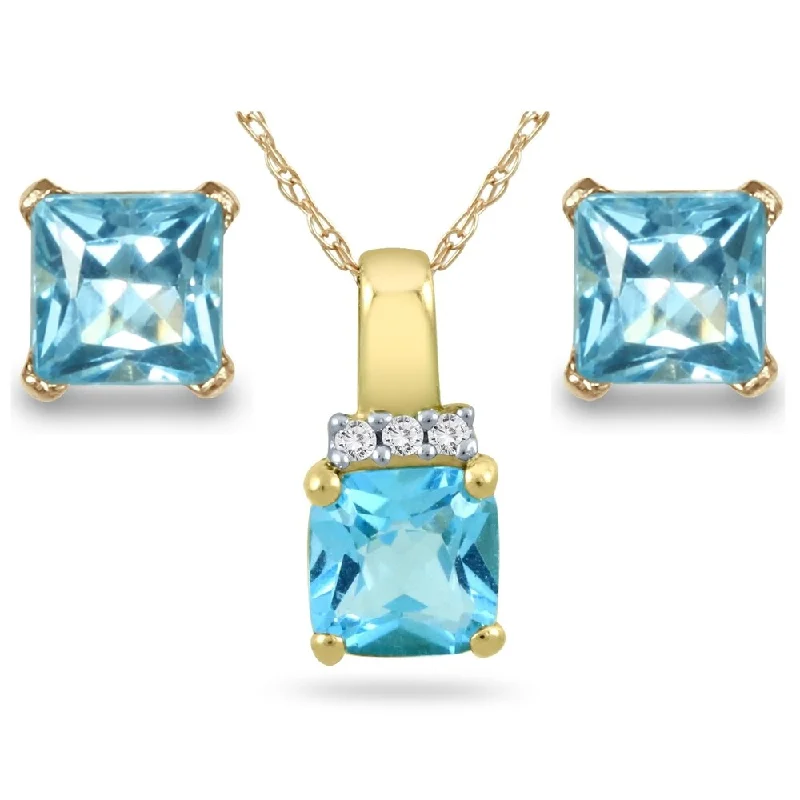 heart-shaped pendant necklace for brides -Treated Princess Cut Blue and White Topaz Matching Ensemble in 14K Gold Electroplated .925 Sterling Silver