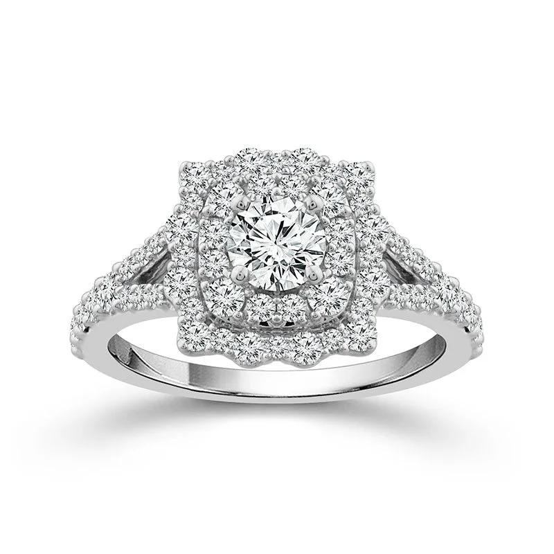 platinum rings with sapphires and rubies for engagement bands-14K White Gold Round Diamond with Halo Engagement Ring