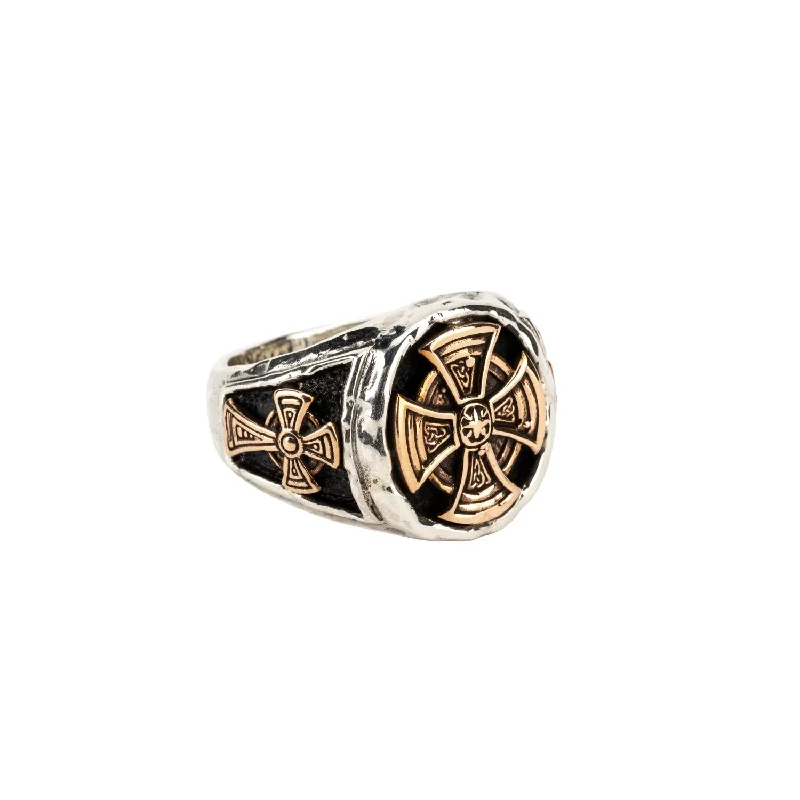 vintage engagement rings for men with sapphires and rubies-Silver and Bronze Oval Celtic Cross  Ring