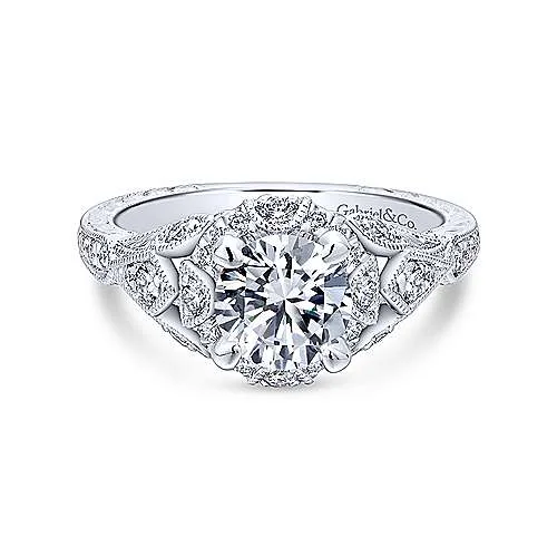 platinum engagement rings with sapphires for wedding bands-Unique 14K White Gold Vintage Inspired Diamond Halo Engagement Ring