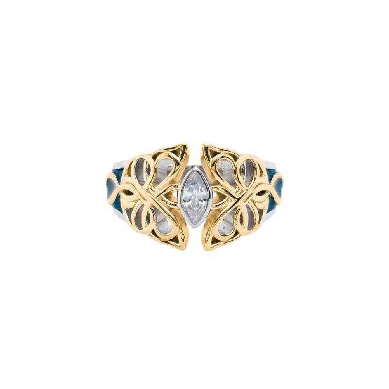 platinum engagement rings with diamonds for men’s wedding-Silver and 10k Yellow or Rose Gold Butterfly Enamel Ring