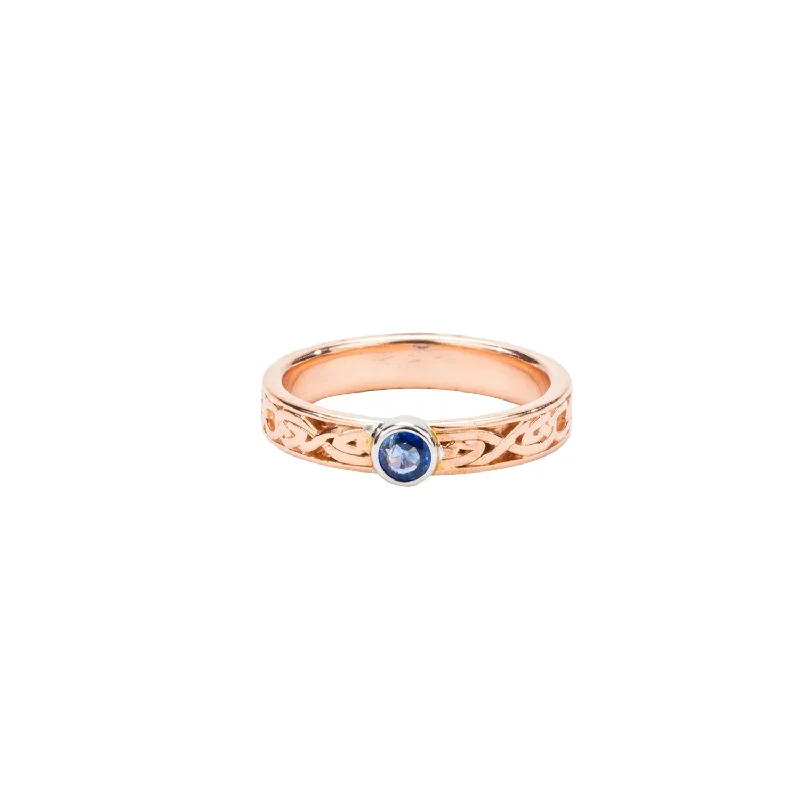 custom wedding rings for men with diamonds for wedding bands-10k Rose Gold and Round Blue Sapphire Devotion Knot 'Fern' Ring