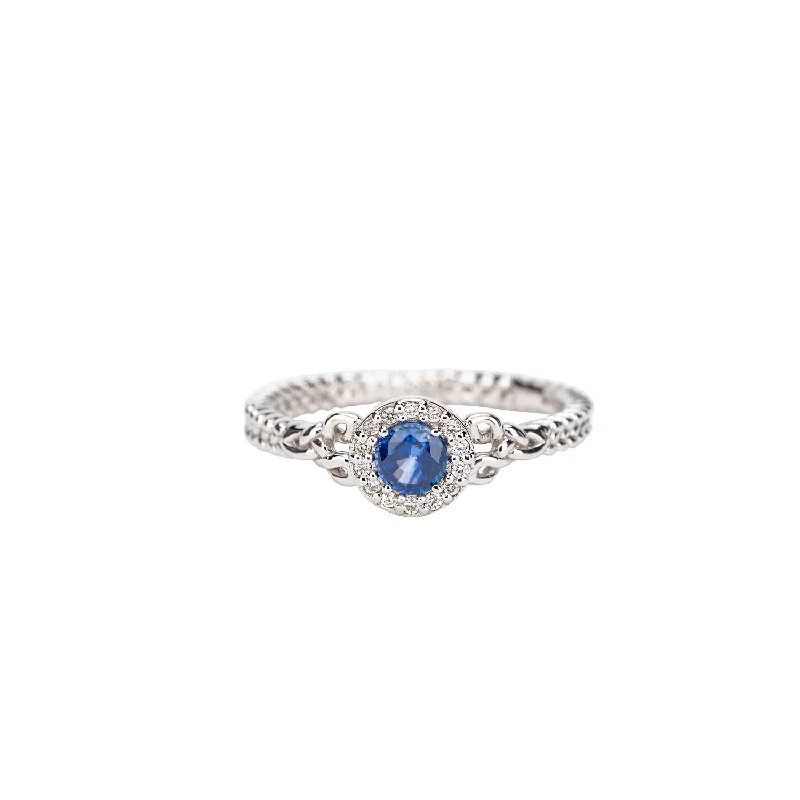 vintage engagement rings with sapphires for women with diamonds-14k White Gold Trinity Blue Sapphire and Diamond Halo Ring