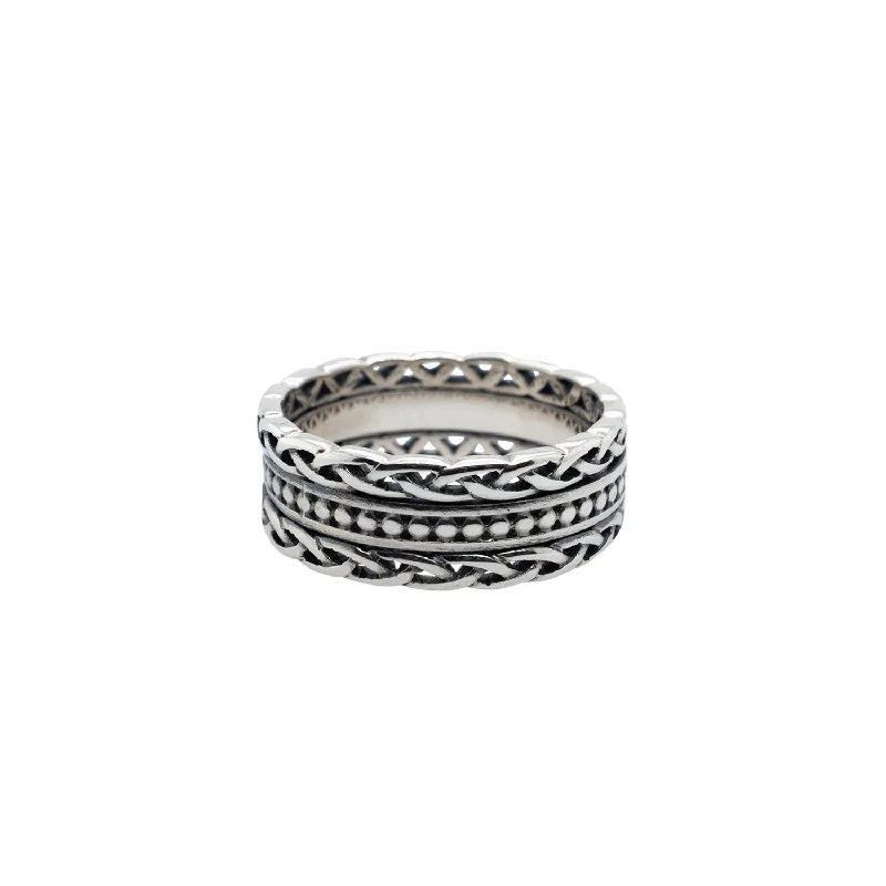 custom wedding rings for men with diamonds and rubies-Silver Beaded Ring with Knotwork Rails