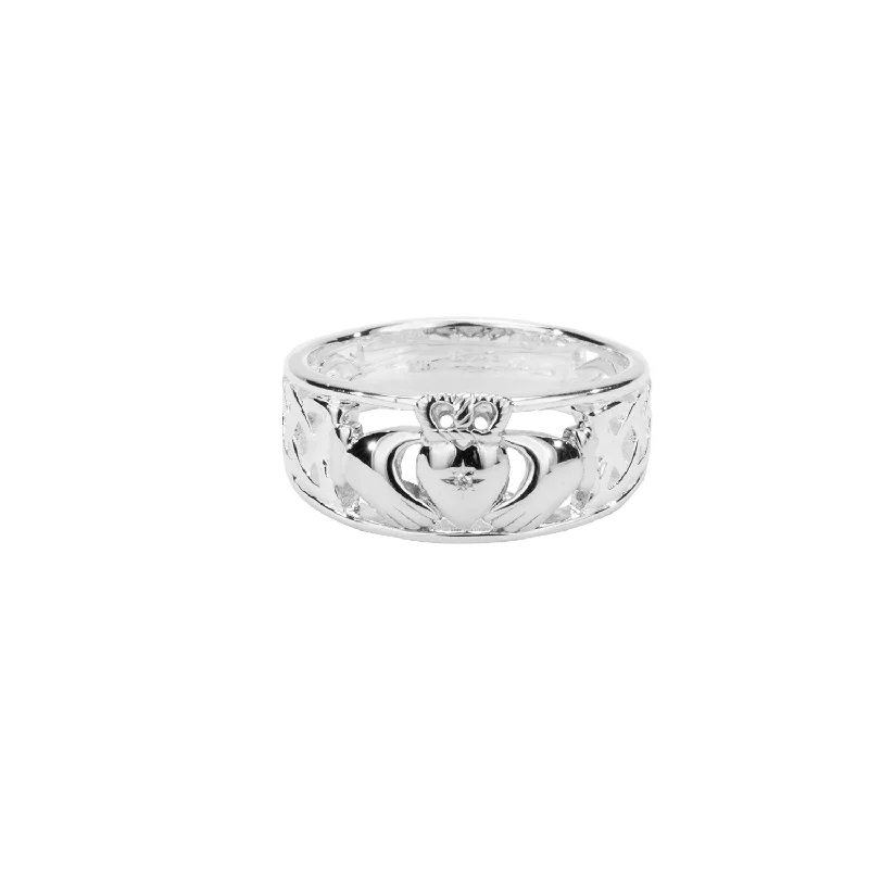 vintage rings with diamonds for women with sapphires-Silver Claddagh Diamond Ring