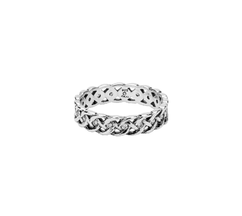 men’s custom rings with diamonds for engagement-Silver Narrow Love Knot Ring with Interwoven Stones