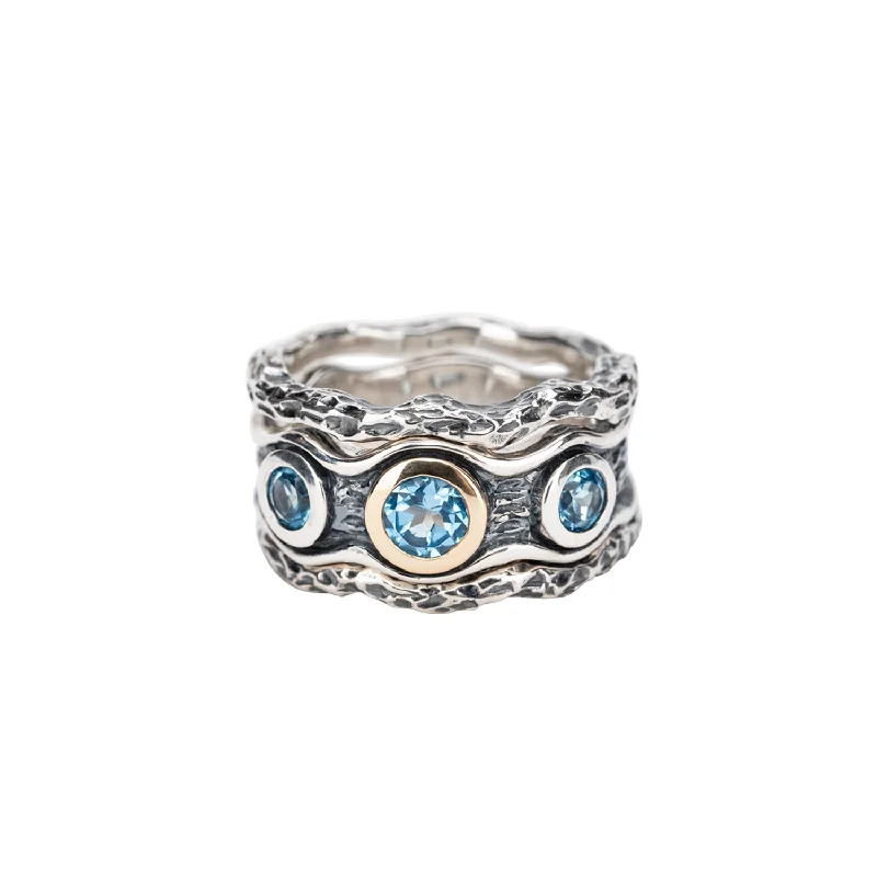 women’s engagement rings with sapphires and diamonds for men-Silver And 10k Gold Rocks 'n River 3 Piece Ring - Swiss Blue Topaz