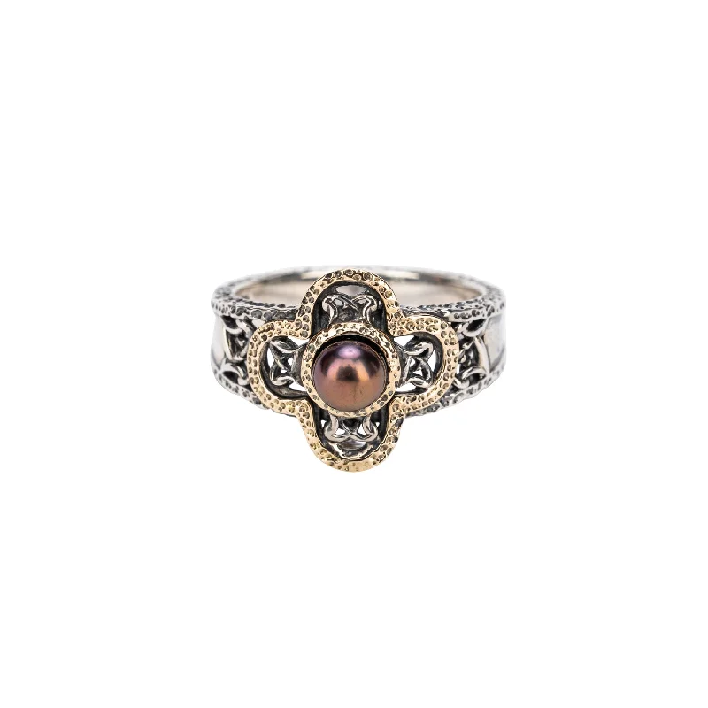 women’s wedding rings with rubies and sapphires for engagement-Silver and 10k Gold Peacock Fresh Water Pearl Aphrodite Ring