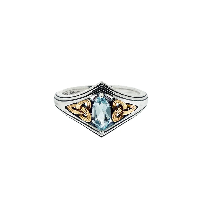 women’s rings with diamonds and rubies for wedding bands-Silver and 10k Yellow Gold Trinity Ring - Sky Blue Topaz