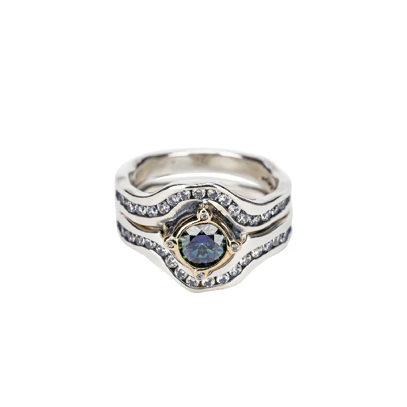 platinum rings with sapphires and rubies for engagement rings-Silver and 10k Gold Rocks 'n Rivers 2-Piece Ring - Mystic Blue Moissanite and Cubic Zirconia