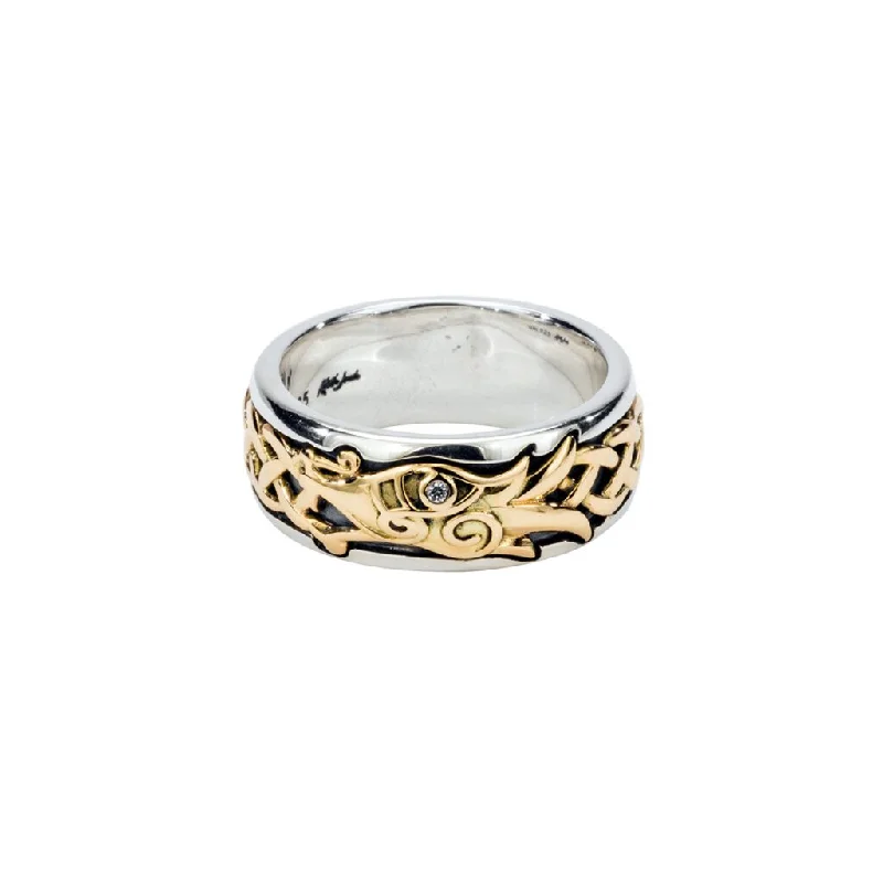 custom wedding rings with sapphires for men with diamonds-Silver and 10k Gold Celtic Dragon Ring - White Sapphire Eye