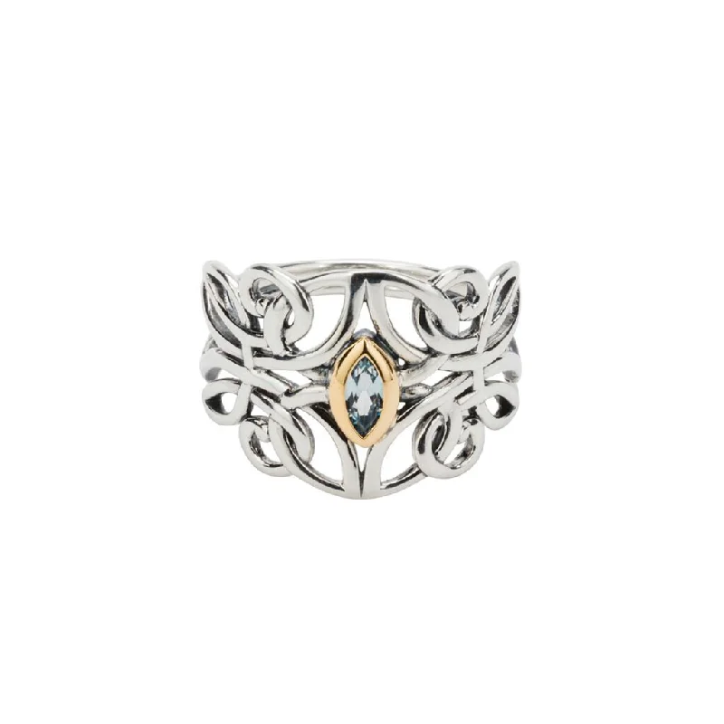 custom-made wedding rings for women with diamonds-Silver and 10k Gold Guardian Angel Ring - Blue Topaz