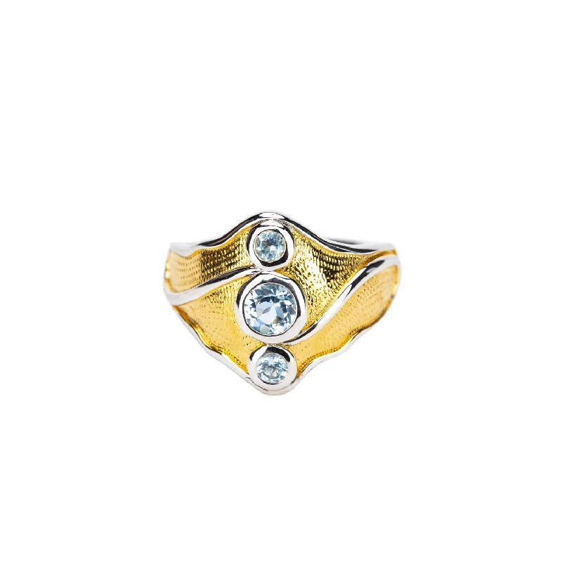 custom wedding bands for men with rubies and diamonds-Silver With 23k Gold Gilding Rocks 'n Rivers Ring - Sky Blue Topaz