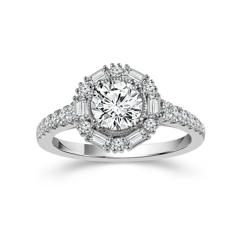 custom-made wedding rings for women with diamonds-14K White Gold Round Diamond with Baguette Halo Engagement Ring