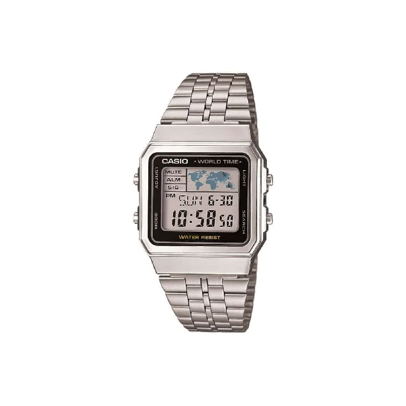 elegant watches for women with leather straps and gold-plated details -Casio Vintage Silver World Dial Digital Watch