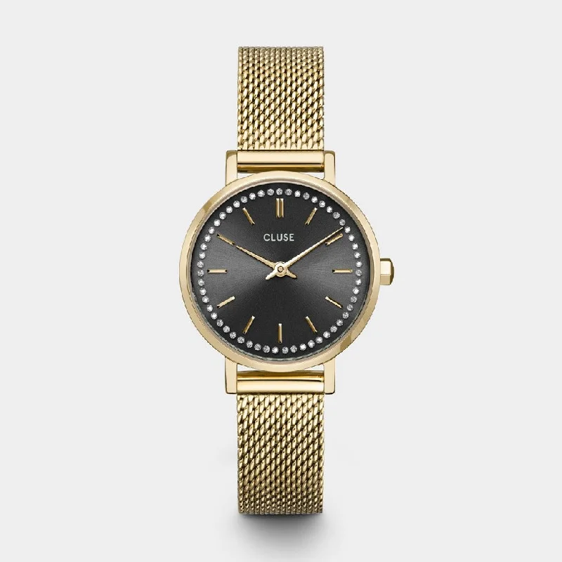 digital sport watches for men with GPS, heart rate, and step tracking -Cluse Boho Chic Petite Crystals Mesh Grey, Gold Colour