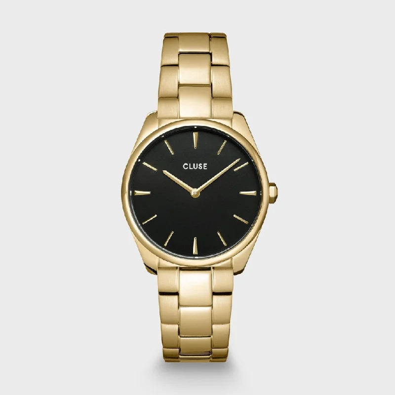 watches for men with solar-powered movement and leather bands -Cluse Féroce Petite Steel Black, Gold Colour