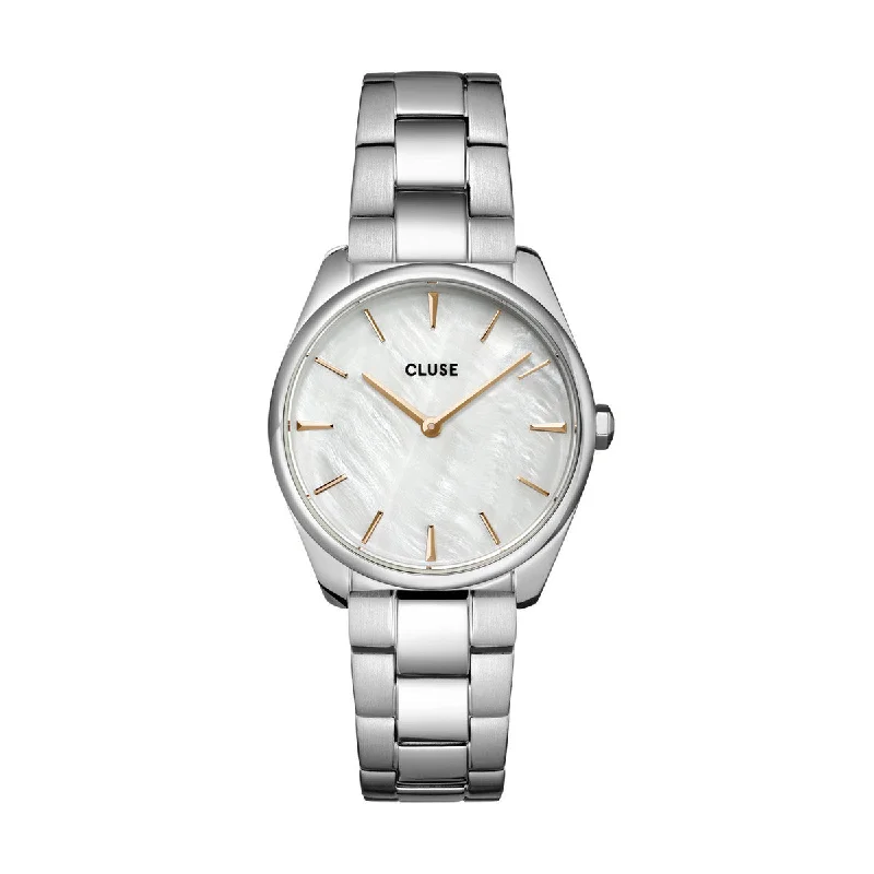 elegant sport watches for women with real-time tracking and GPS -Cluse Féroce Petite Steel, White Pearl, Silver Colour