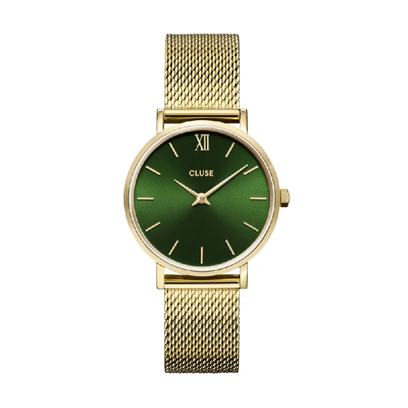 watches for women with simple designs and flexible straps -Cluse Minuit Mesh, Green, Gold Colour