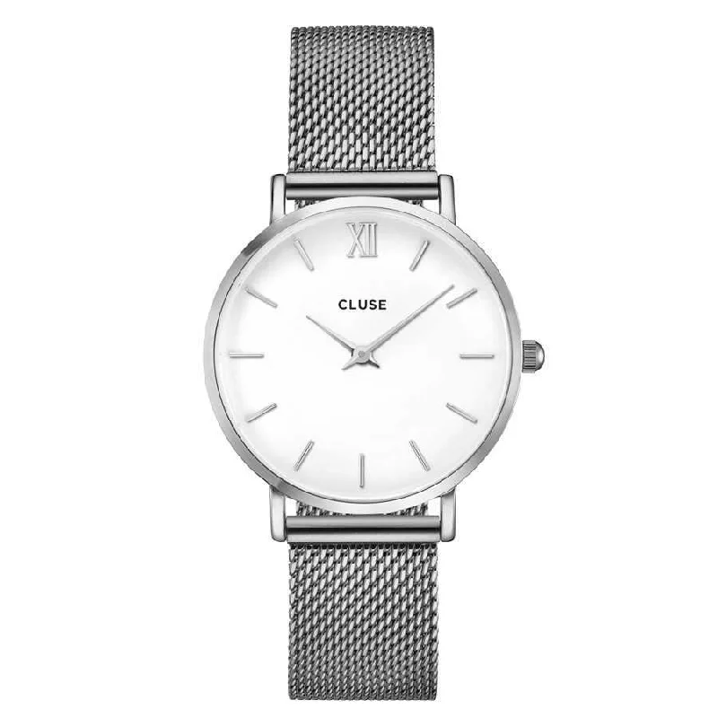 elegant watches for women with polished metal and high-end features -Cluse Minuit Silver Mesh Strap Ladies Watch