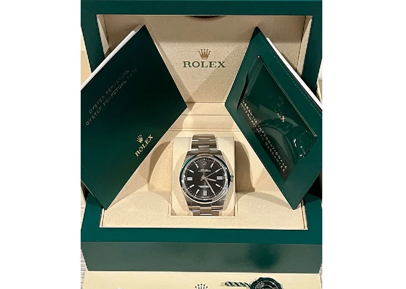 elegant women's watches with leather straps and minimalist faces -Rolex Oyster Perpetual 41mm 124300 Oystersteel Bright Black Dial