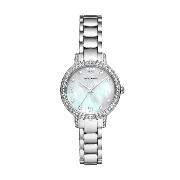 sport watches for women with built-in GPS and activity tracking -Emporio Armani Ladies Silver Cleo Watch