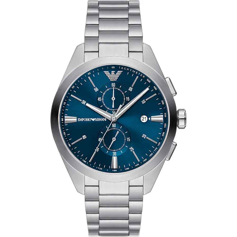 men's watches with robust construction and sophisticated design details -Emporio Armani - Silver Double Chronograph Blue Dial Watch