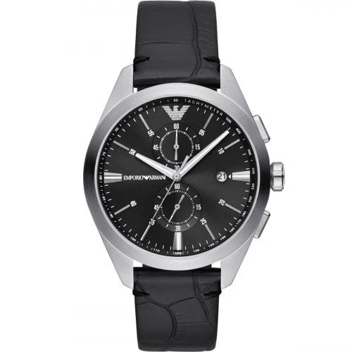 sport watches for men with step tracking and heart rate features -Emporio Armani - Silver Double Chronograph w/ Black Leather Strap