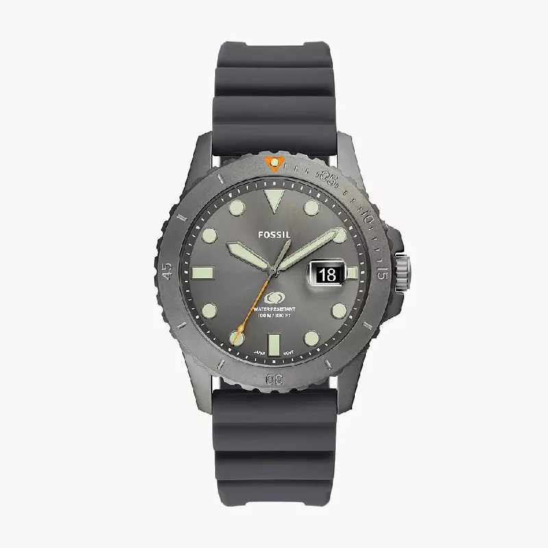 men's watches with water-resistant features and customizable straps -Fossil Blue Dive Three-Hand Date Grey Silicone Watch