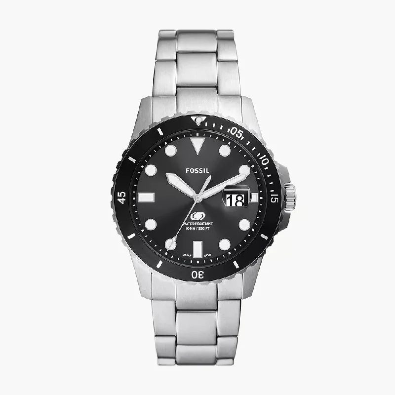 watches for women with leather and metal hybrid bands and modern dials -Fossil Blue Dive Three-Hand Date Black Dial Stainless Steel Watch