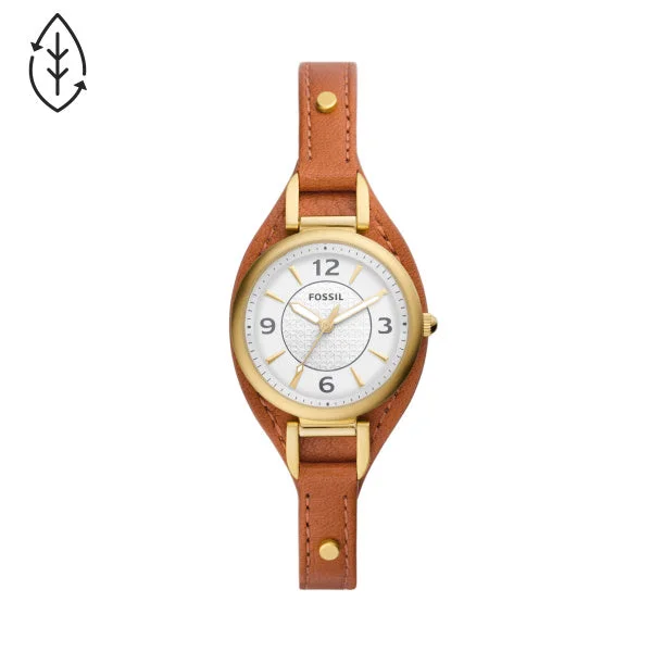 stylish watches for men with digital displays and fitness tracking -Fossil Ladies Carlie Three-Hand Medium Brown Eco Leather Watch