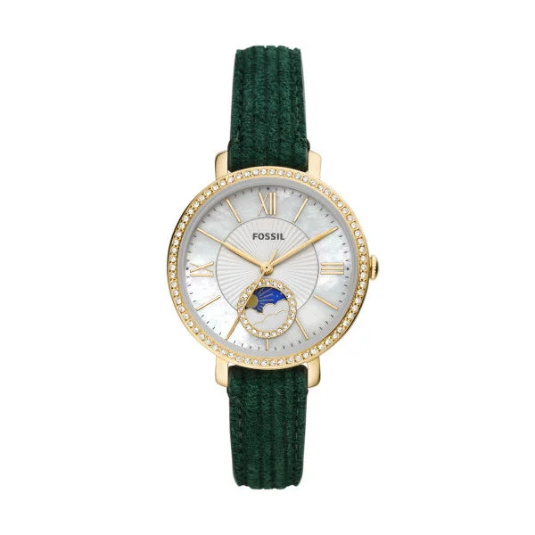 men's watches with sleek, minimal designs and eco-friendly straps -Fossil Ladies Jacqueline Day/Night Watch with Green Leather Strap