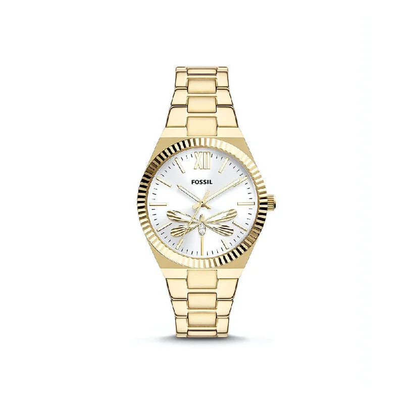 elegant watches for men with lightweight metal bands and modern dials -Fossil - Scarlette Dragonfly Dial Yellow Gold Bracelet Watch